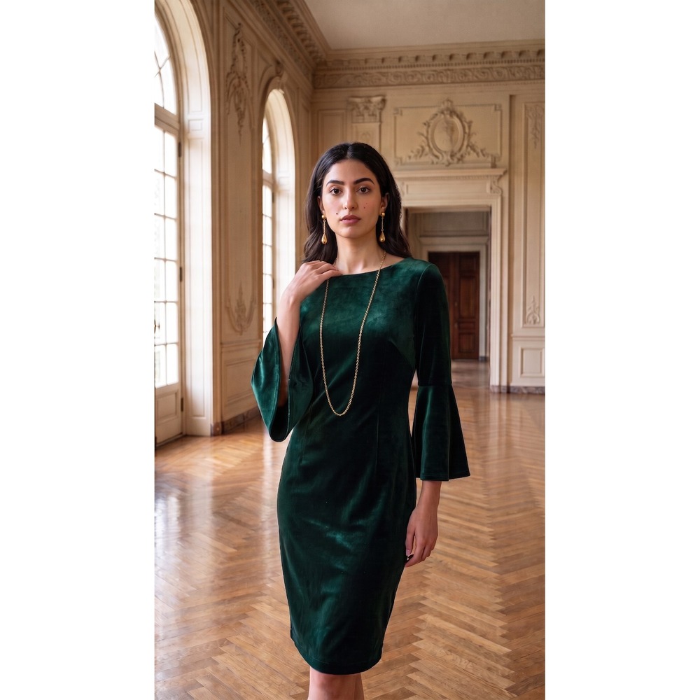 Calvin Klein Women's Green Velvet Cocktail Dress Sz. 8 Knee Length Bell Sleeves